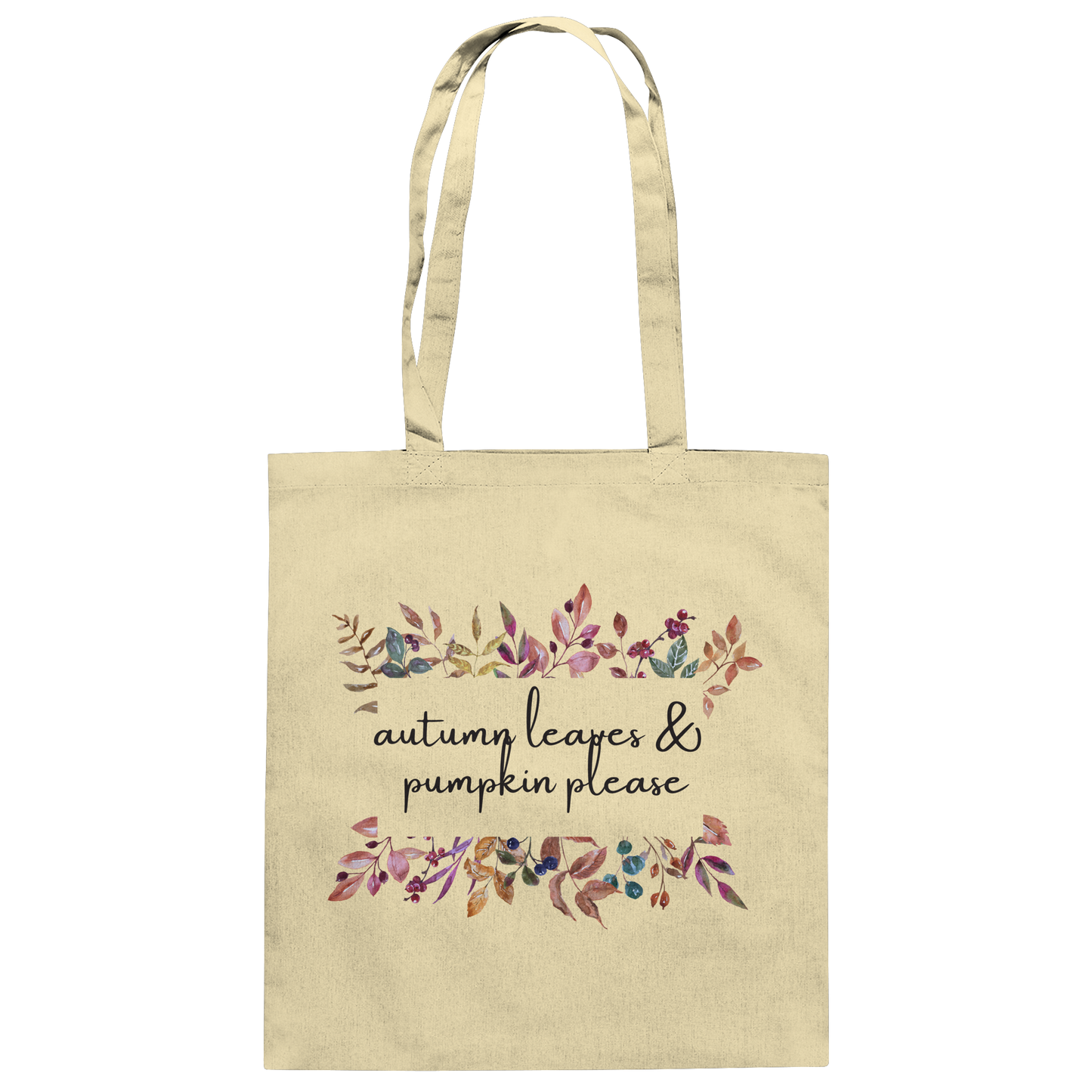 Naturfarbener Jutebeutel von "Sag´s auf Stoff" mit Blumenranken und der Aufschrift: autumn leaves & pumkin please