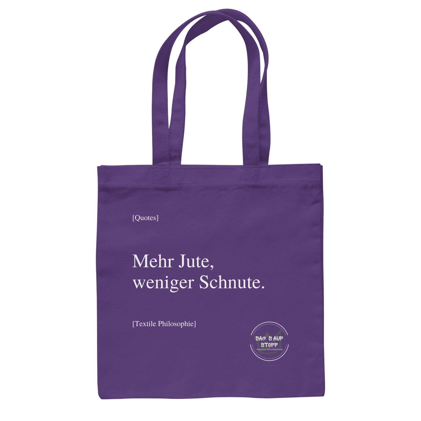 Blauer Jutebeutel mit weißer Aufschrift "Mehr Jute, weniger Schnute." und Logo "Sag´s auf Stoff"