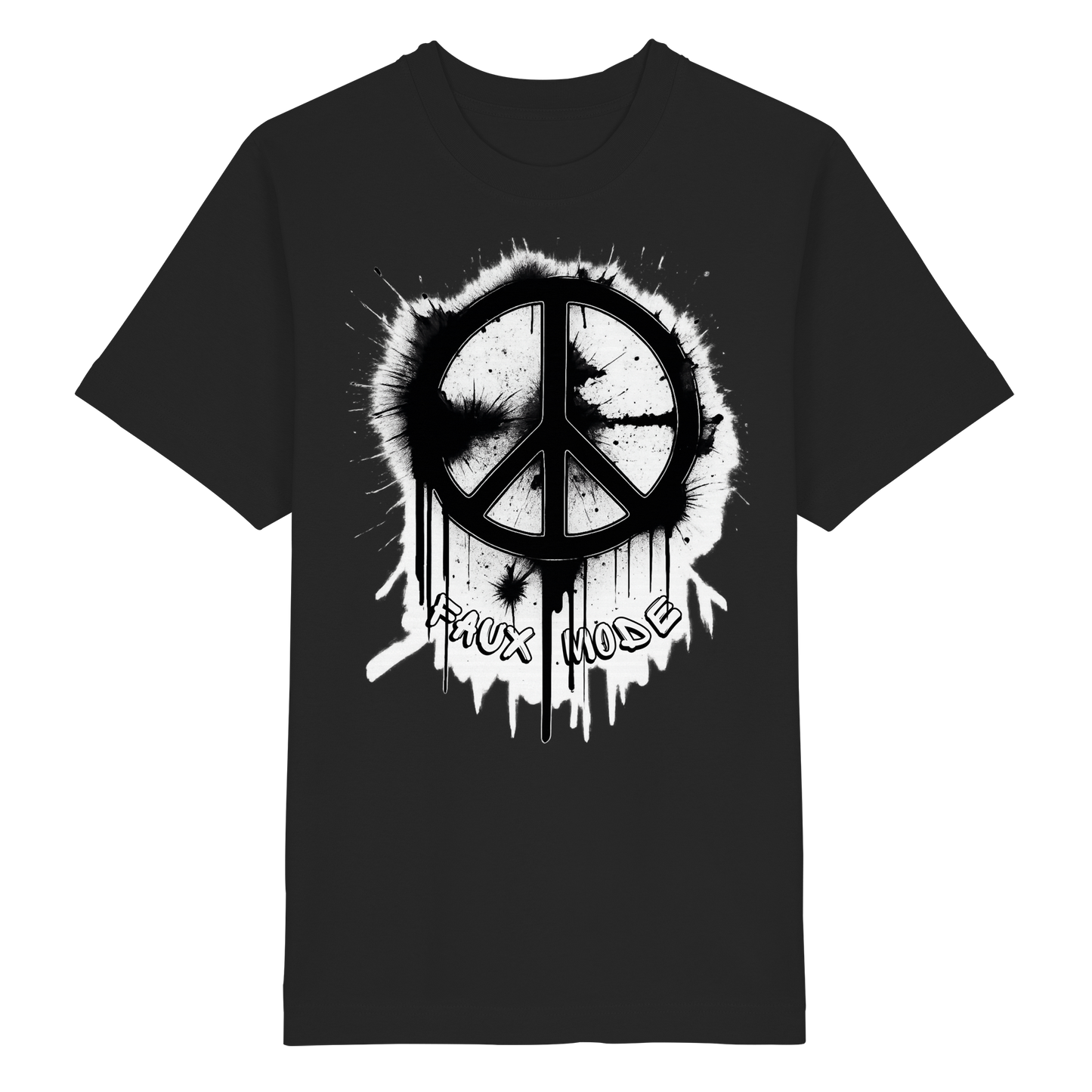 Schwarzes heavy oversized Shirt mit kunstvollem Peacezeichen im Graffiti-Style. Darunter der Schriftzug "Faux Mode"