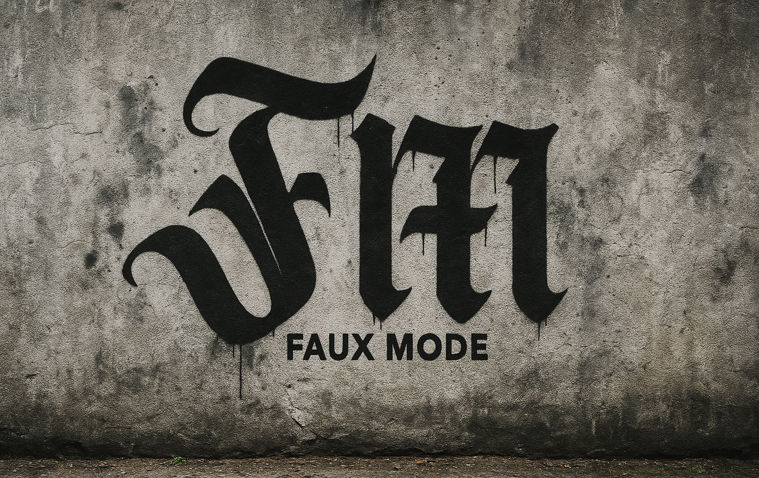 Graue Betonwand auf der das Logo der Faux Mode Kollektion (FM) von Sag‘s auf Stoff zu sehen ist