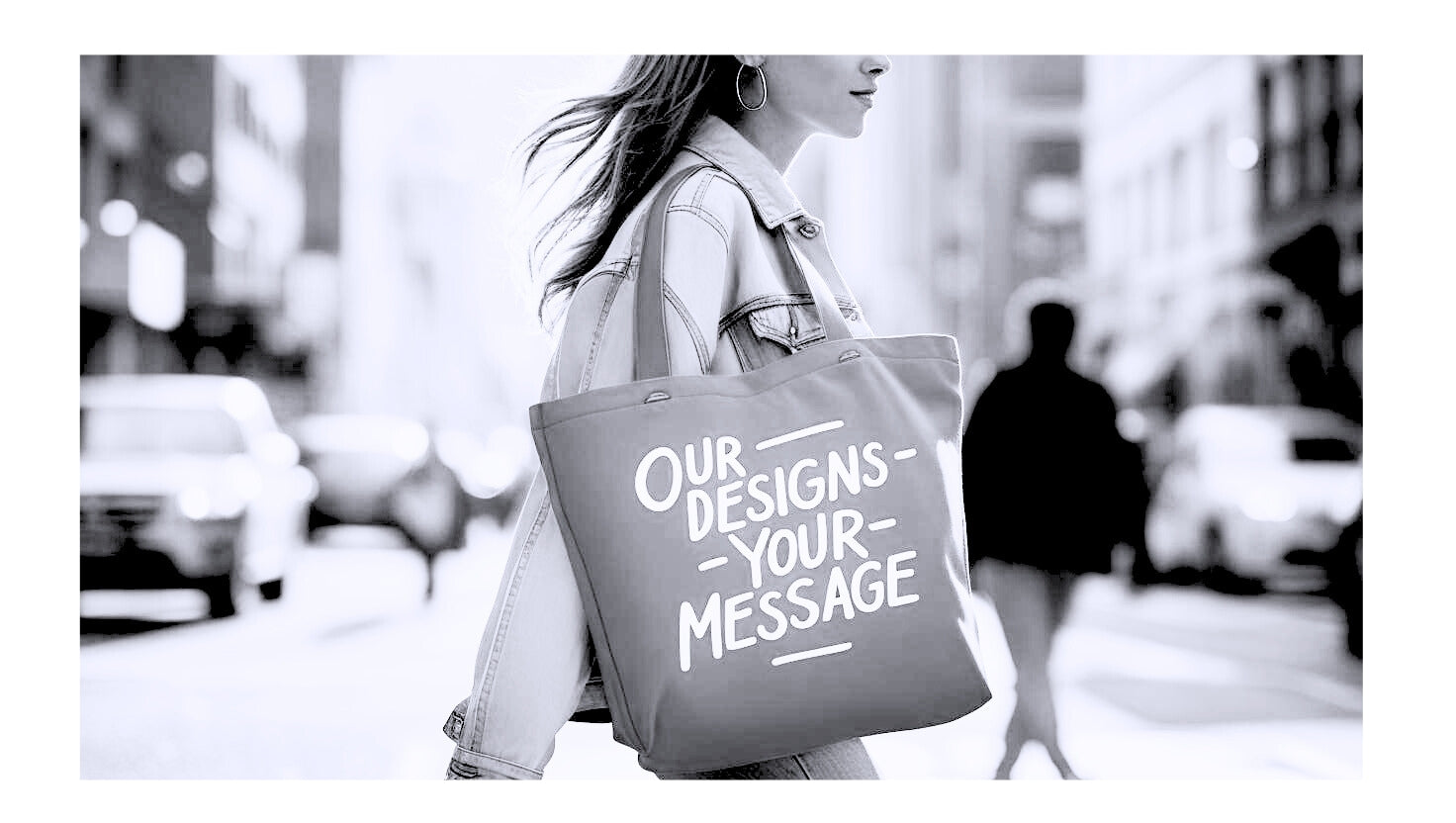 Titelbild von „Sag‘s auf Stoff“. Zu sehen eine Frau im Serienproduktion mit Jutebeutel mit der Aufschrift „Our Designes - your Message“