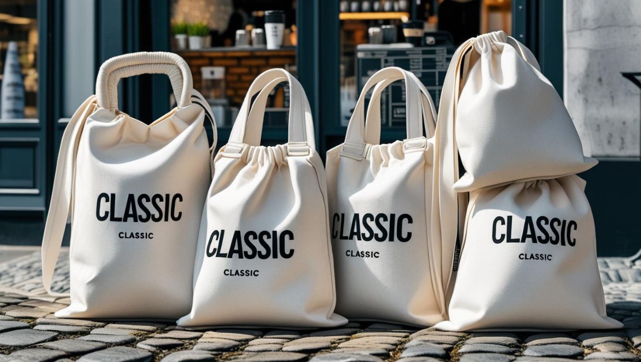 Titelbild der Jutebeutel von sag’s auf Stoff. Zu sehen sind mehrere Jutebeutel 