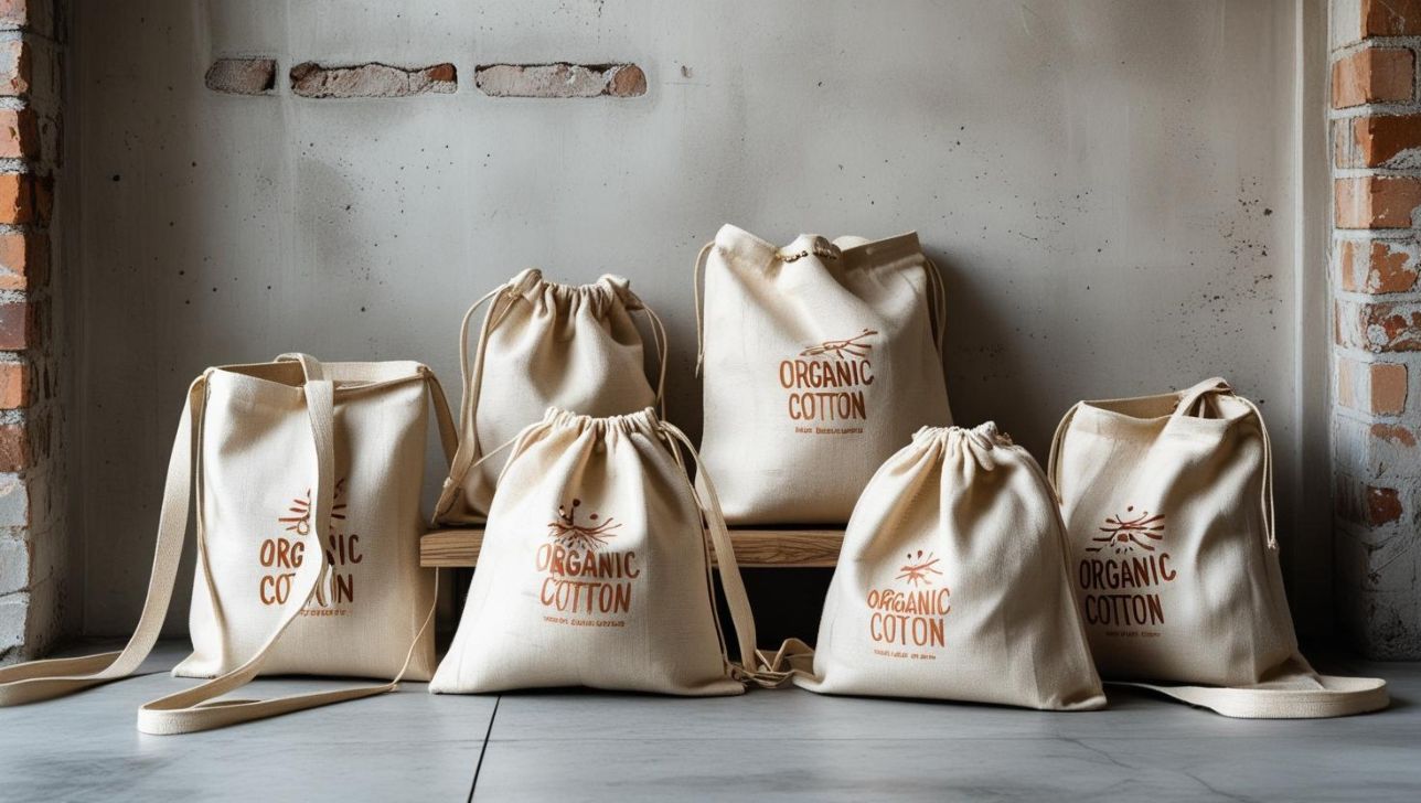 Titelbild der Organic Jutebeutel von sag’s auf Stoff. Zu sehen sind mehrere Jutebeutel vor einer Wand drapiert 