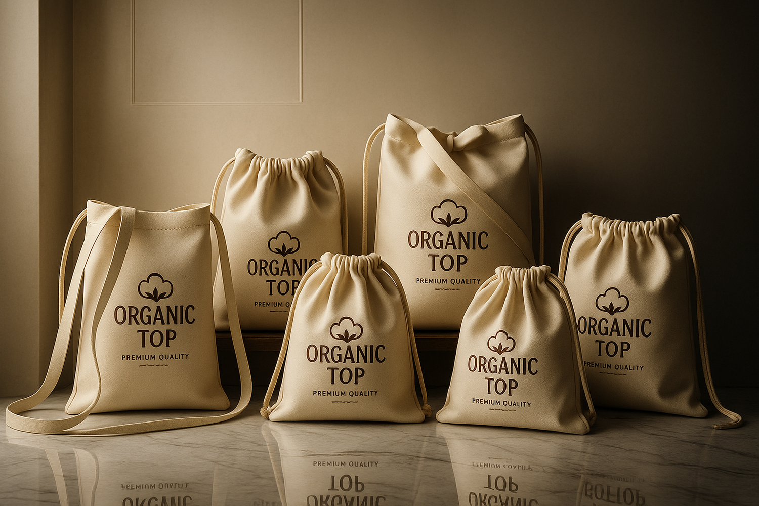 Titelbild der Organic top Jutebeutel von sag’s auf Stoff. Zu sehen sind mehrere Jutebeutel vor einer Wand drapiert 