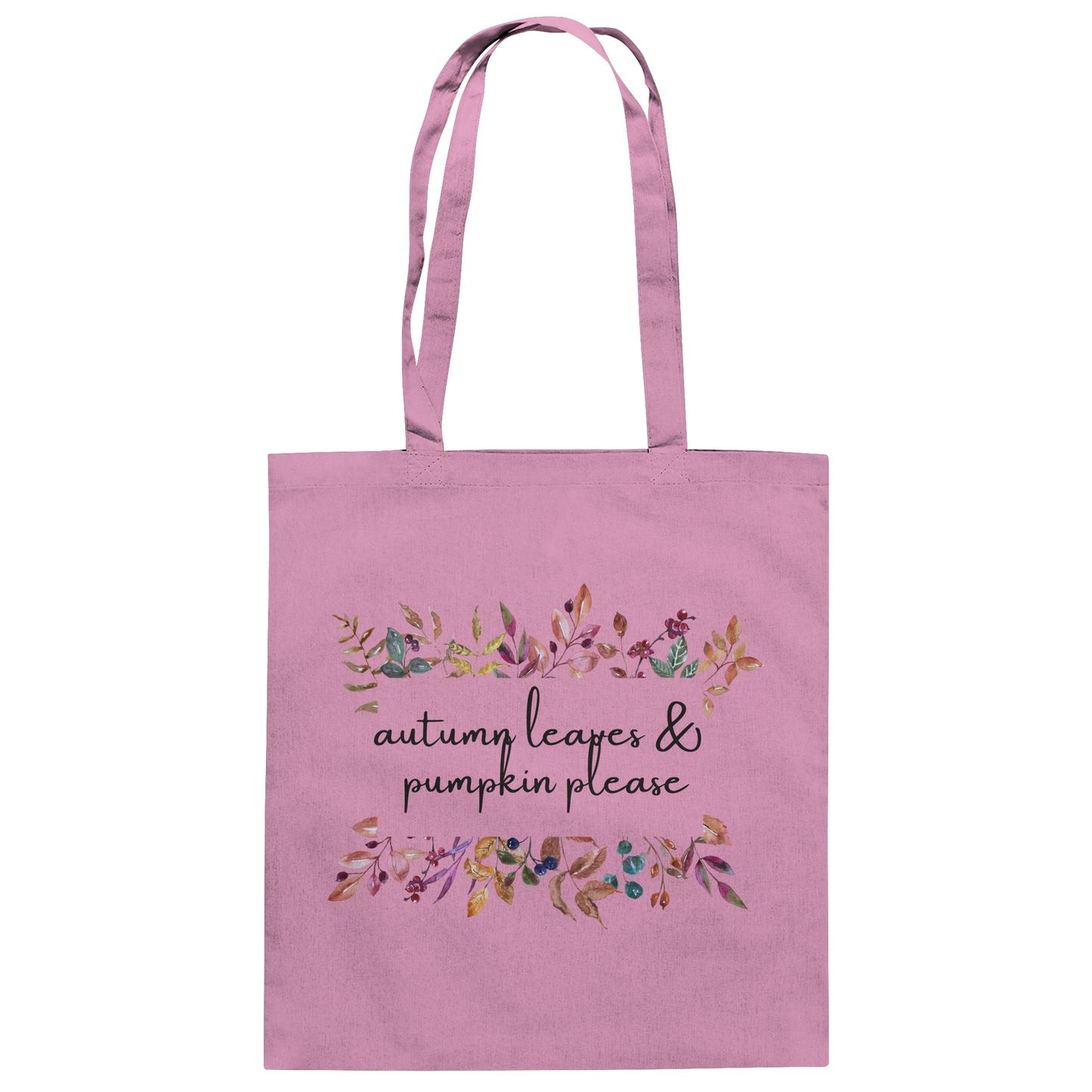 Rosa Jutebeutel von "Sag´s auf Stoff" mit Blumenranken und der Aufschrift: autumn leaves & pumkin please