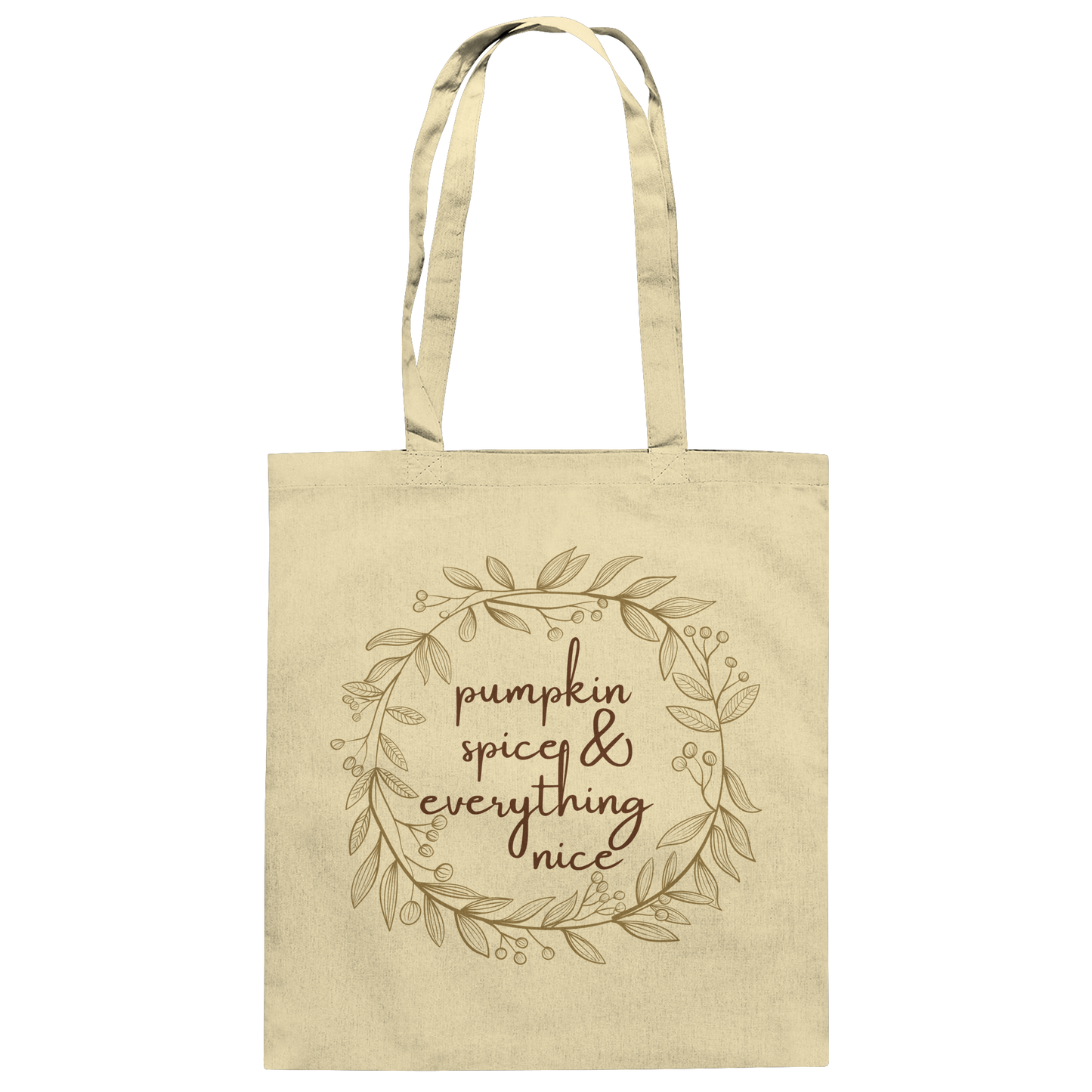 naturfarbener Jutebeutel von "Sag´s auf Stoff" mit Herbstrankenund der Aufschrift "pumkin spice &everything nice"