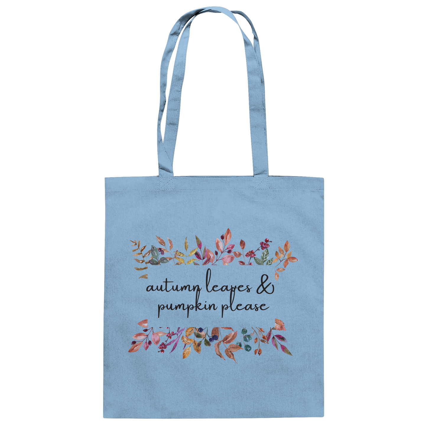 Hellblauer Jutebeutel von "Sag´s auf Stoff" mit Blumenranken und der Aufschrift: autumn leaves & pumkin please