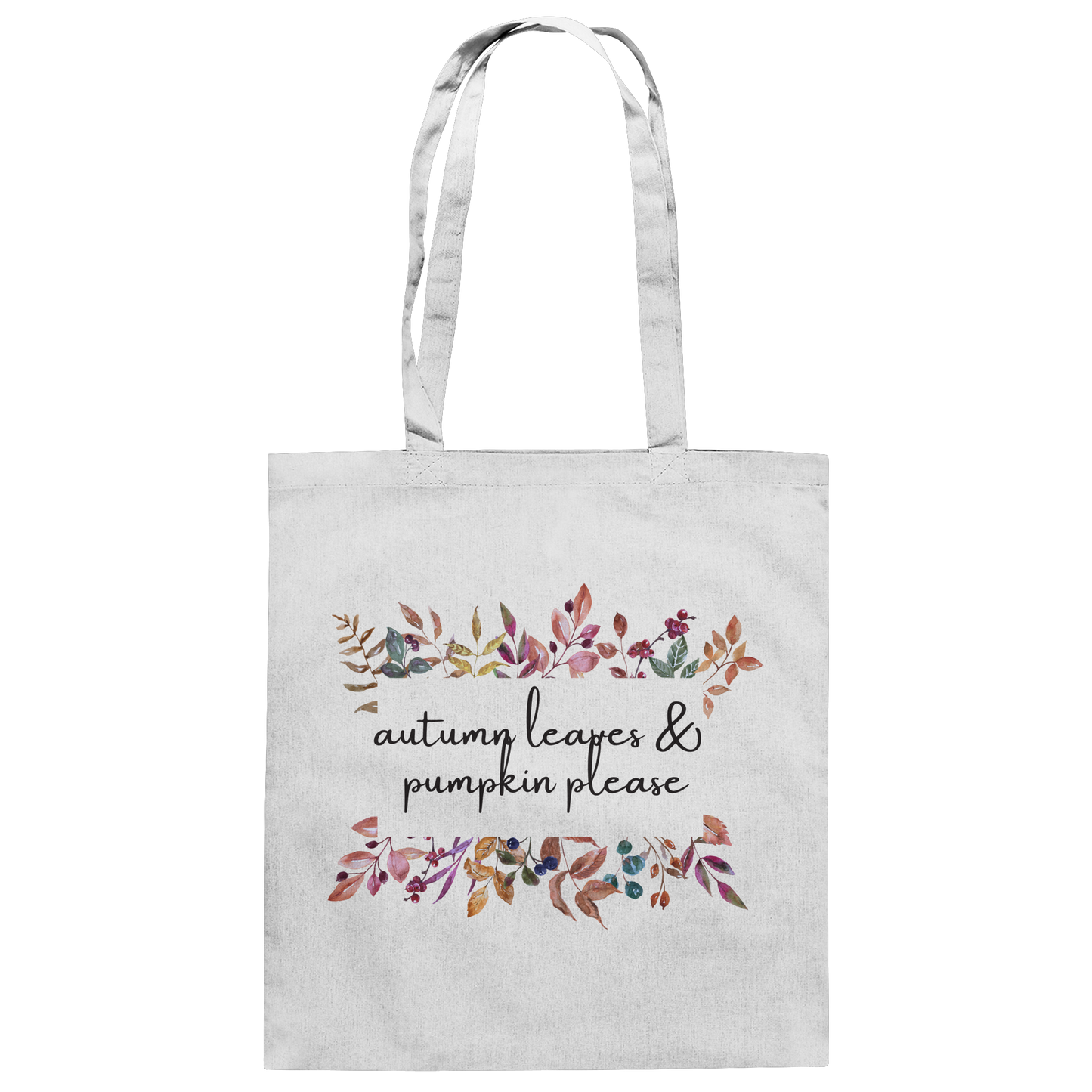 Weißer Jutebeutel von "Sag´s auf Stoff" mit Blumenranken und der Aufschrift: autumn leaves & pumkin please