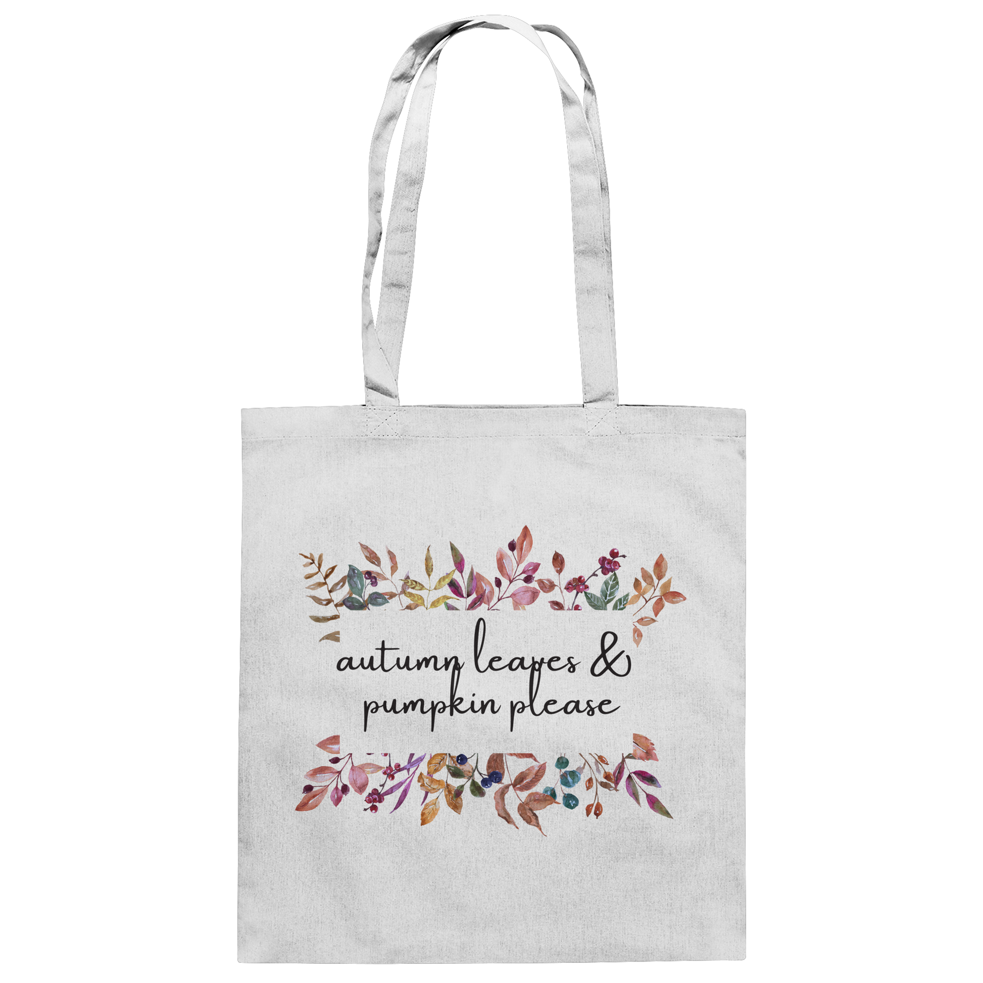 Weißer Jutebeutel von "Sag´s auf Stoff" mit Blumenranken und der Aufschrift: autumn leaves & pumkin please