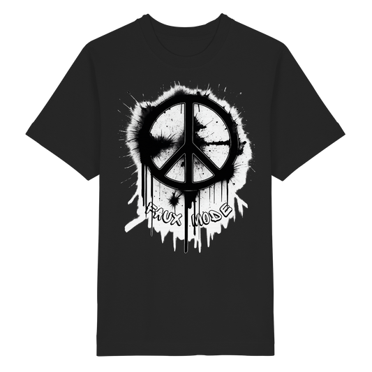 Schwarzes heavy oversized Shirt mit kunstvollem Peacezeichen im Graffiti-Style. Darunter der Schriftzug "Faux Mode"