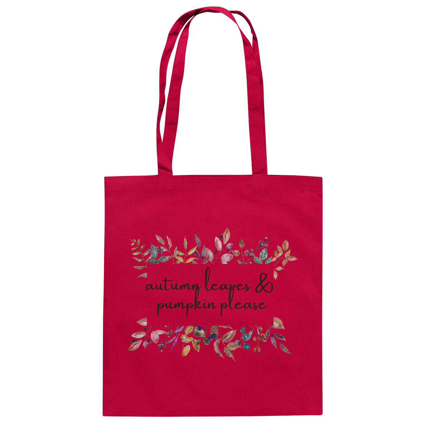 Roter Organic Jutebeutel von "Sag´s auf Stoff" mit Blumenranken und der Aufschrift: autumn leaves & pumkin please
