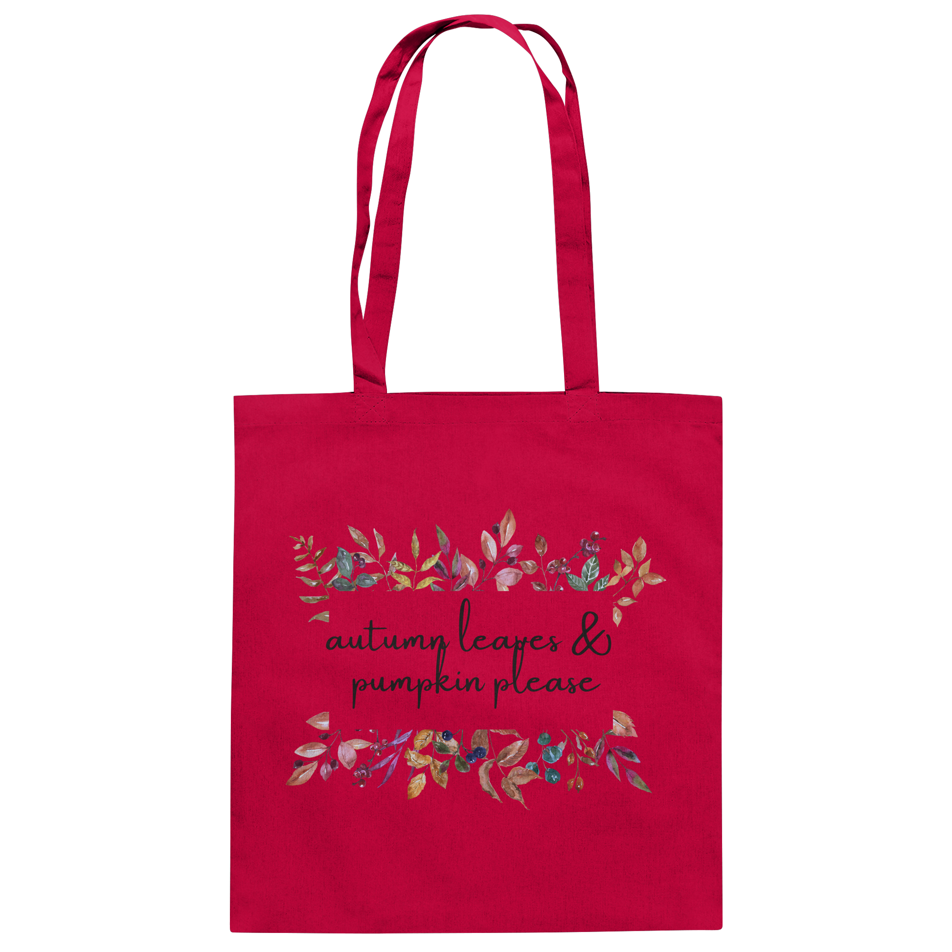 Roter Organic Jutebeutel von "Sag´s auf Stoff" mit Blumenranken und der Aufschrift: autumn leaves & pumkin please