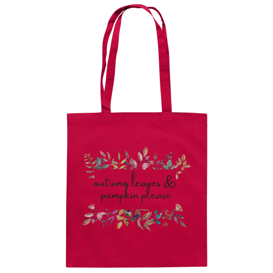 Roter Organic Jutebeutel von "Sag´s auf Stoff" mit Blumenranken und der Aufschrift: autumn leaves & pumkin please