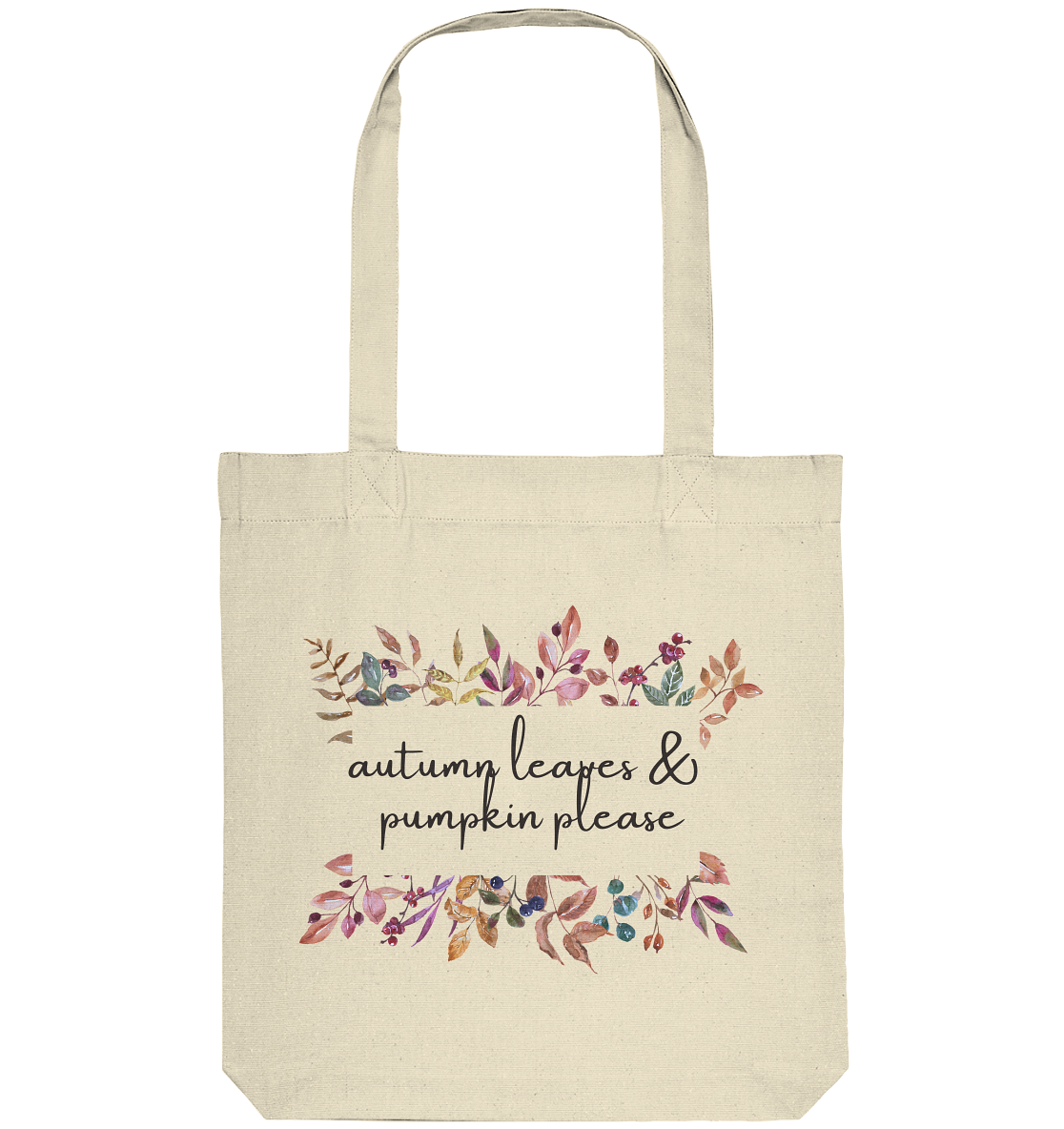 Naturfarbener Organic Top Jutebeutel von "Sag´s auf Stoff" mit Blumenranken und der Aufschrift: autumn leaves & pumkin please