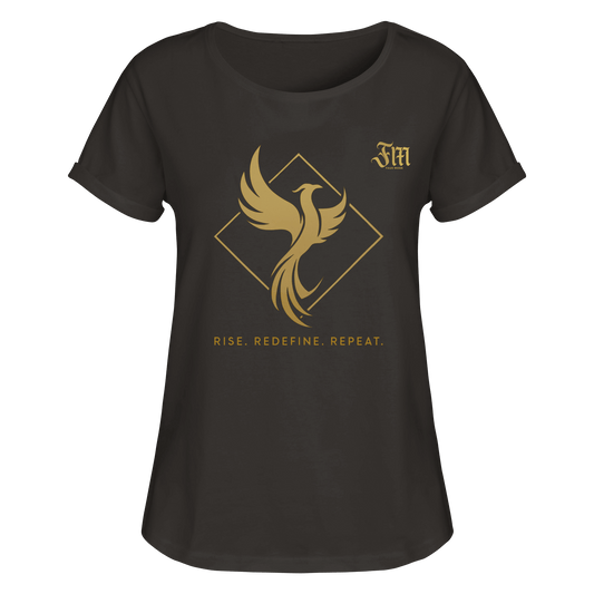 Schwarzes Damen-Roll-Up-T-Shirt mit goldfarbenem Phönix-Design in Diamantform und dem Statement „RISE. REDEFINE. REPEAT.“  Auf der Brust ein kleines Logo: FM (faux mode)
